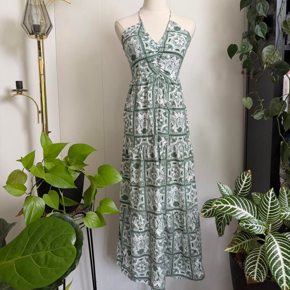 Monteau Green White Geometric Floral Tiered Halter Maxi Dress XS Linen Blend